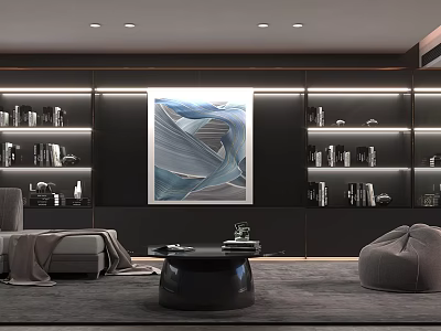 Modern Living Room With Gray Sofa Black Round Coffee Table And Blue Gray Abstract Painting 3d model