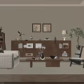 Warm Modern Living Room Interior With Wooden Shelves Beige Sofa And Decorative Paintings