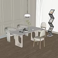 Modern White Dining Table Set With Curved Legs Leather Fabric Chairs Wooden Floor Lamp Bookshelf