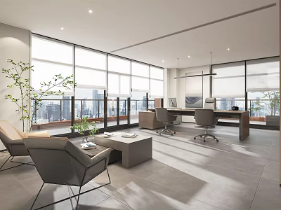 Modern Open Office With Large Windows City View Sofa Coffee Table Desk Chairs And Plants 3d model