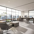Modern Open Office With Large Windows City View Sofa Coffee Table Desk Chairs And Plants