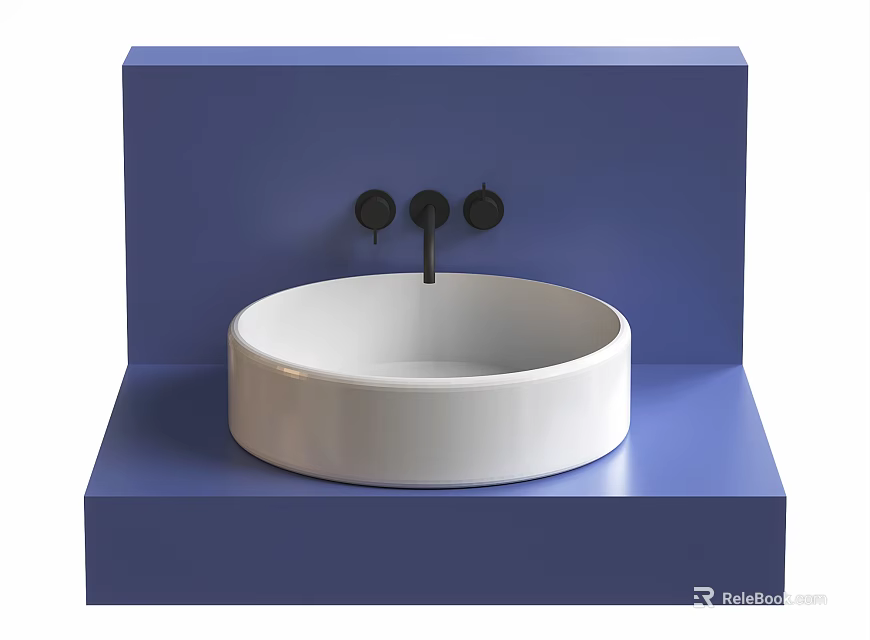 Stylish Round White Washbasin with Black Knobs on Blue Countertop 3d model