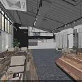 Modern Café Interior Design With Green Plant Wall Large Windows And Wooden Furniture