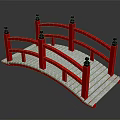 Red Garden Bridge With White Wooden Deck And Railings With Black Finials