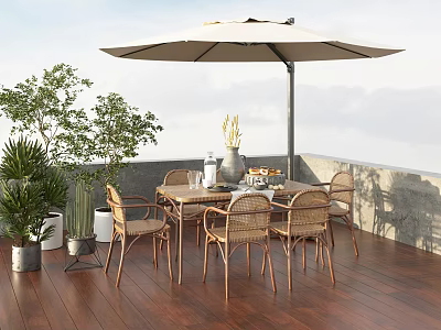 Outdoor Patio Rattan Table Chair Set With Umbrella And Potted Plants On Wooden Deck 3d model