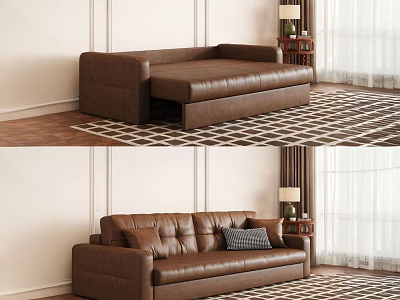 Brown Leather Sectional Sofa with Storage Cushions in Modern Living Room and Plaid Rug 3d model