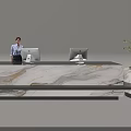 Modern Reception Desk With Marble Countertop Two Computers And Receptionist Near Green Plant
