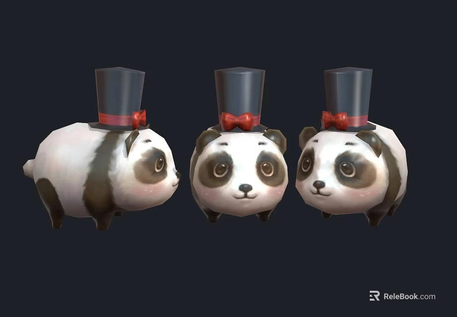 Three Cute Plush Panda Dolls With Black Top Hats And Red Bow Ties 3d model 