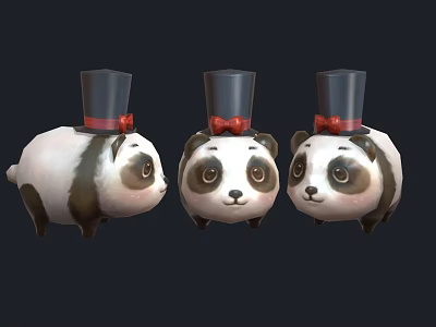 Three Cute Plush Panda Dolls With Black Top Hats And Red Bow Ties 3d model