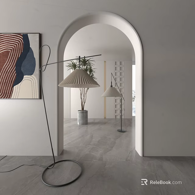 Modern Floor Lamps In Minimalist Room With Archway Artwork And Plants 3d model 