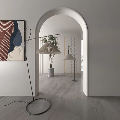 Modern Floor Lamps In Minimalist Room With Archway Artwork And Plants 3d model