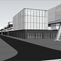 Modern Commercial Street With Glass Railings Canopy Pedestrian Walkway And Tall Buildings
