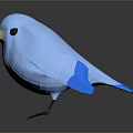 Low poly light blue bird with yellow beak and tail on gray background showing reflection