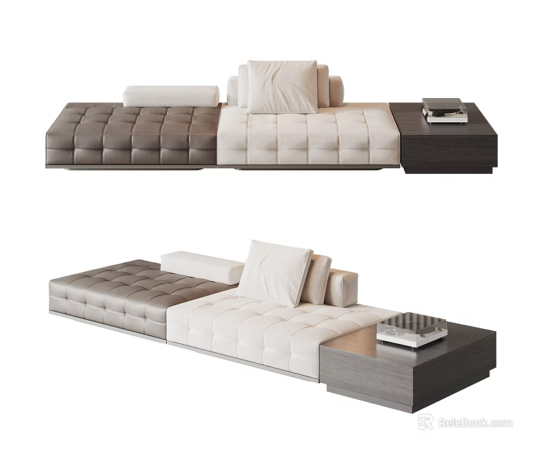 Modern Two Seater Sofa With Gray And Beige Tufted Design And Coffee Table 3d model