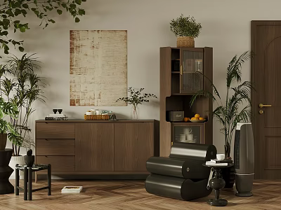 Elegant Entryway Cabinet And Sideboard With Green Plants Wall Art And Wooden Decor 3d model