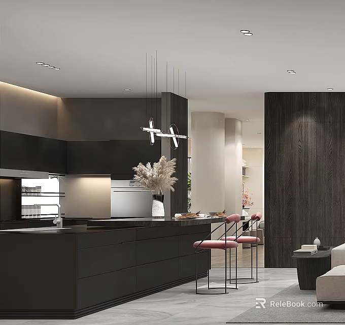 Modern Kitchen Interior With Black Cabinets Island Pendant Lights Pink Chairs And Plant 3d model 