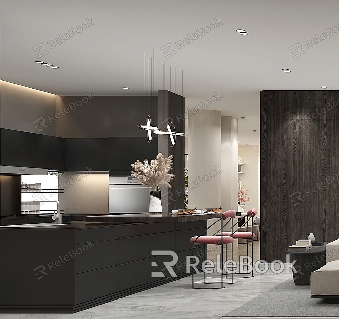 Modern Kitchen Open Kitchen Bar Water Bar West Kitchen Chandelier Black and White Grey Living Room Dining Room model