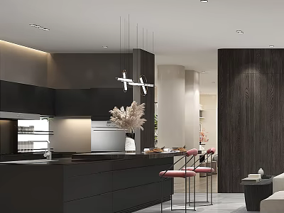 Modern Kitchen Interior With Black Cabinets Island Pendant Lights Pink Chairs And Plant 3d model