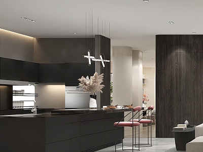 Modern Kitchen Open Kitchen Bar Water Bar West Kitchen Chandelier Black and White Grey Living Room Dining Room model