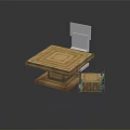 Wooden Square Table With Geometric Pattern Surface Small Cabinet And White Backrest Chair Design