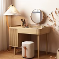 Wooden Dressing Table with Minimalist Design Round Mirror Floor Lamp and Cosmetics Soft Stool