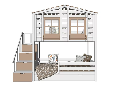 Wooden Bunk Bed With Staircase Storage Drawers Upper Bunk Windows And Lower Mattress Pillows 3d model