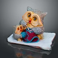 Cozy Parent Baby Owl Figurine Knitting Blue Yarn On White Snowy Base