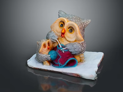 Cozy Parent Baby Owl Figurine Knitting Blue Yarn On White Snowy Base 3d model