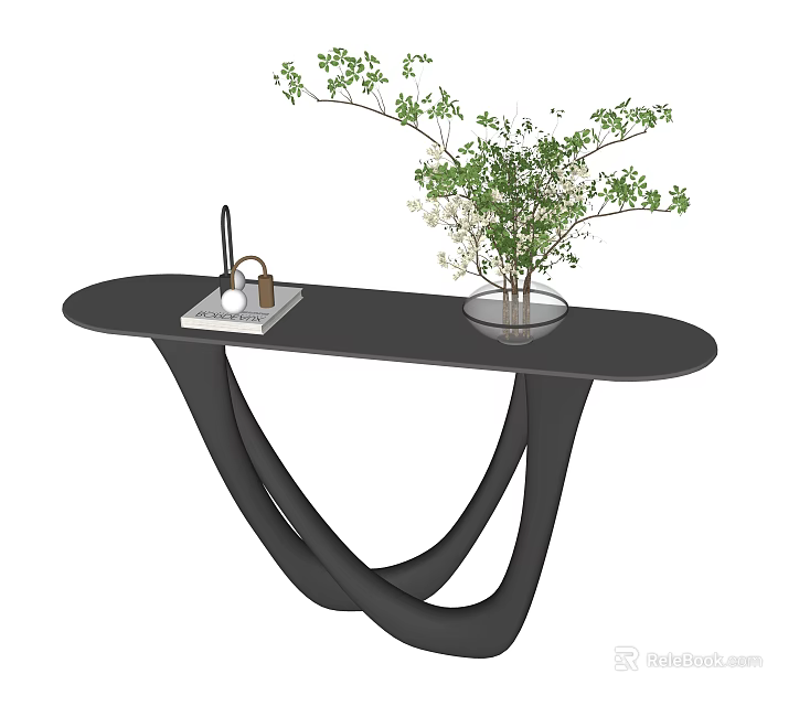 Stylish Black Console Table With Curved Base And Potted White Flowering Plants 3d model