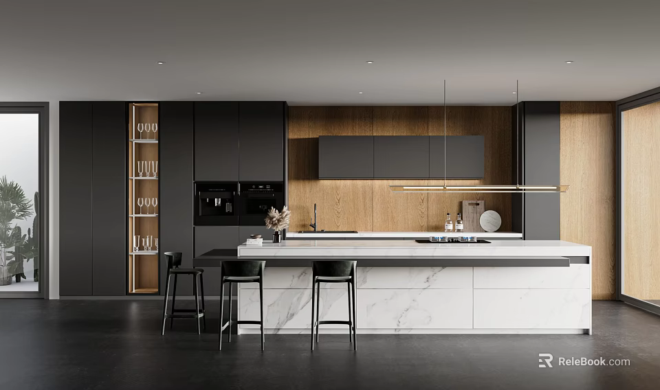 Modern Restaurant Open Kitchen Interior With Marble Island Black Cabinets And Pendant Lights 3d model 
