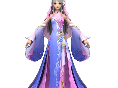 Fantasy Female Character In Elegant Purple Pink Gown With Magical Butterfly Creature 3d model