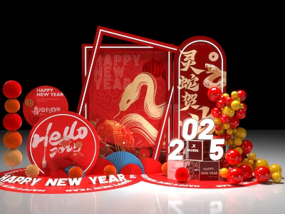 Chinese New Year 2025 Photo Spot With Red Decorations And Golden Snake Design 3d model