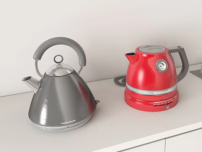 Two Stylish Electric Kettles Silver And Red On White Kitchen Countertop 3d model