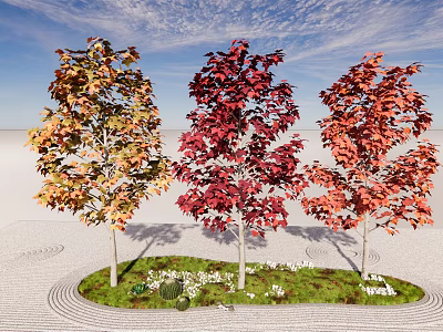 Three Deciduous Trees with Colorful Leaves in Circular Paved Area with Lawn and Blue Sky 3d model