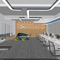 Modern Public Office Space Featuring Hanging Lights Large Screen Laptops Colorful Carpet and Graffiti Wall