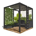 Modern Pergola Design with Black Frame Green Plants Vertical Greenery Wooden Deck and Bench