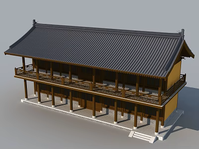 Ancient Traditional Architecture Featuring Black Roof Two Story Wooden Balcony And Eaves 3d model