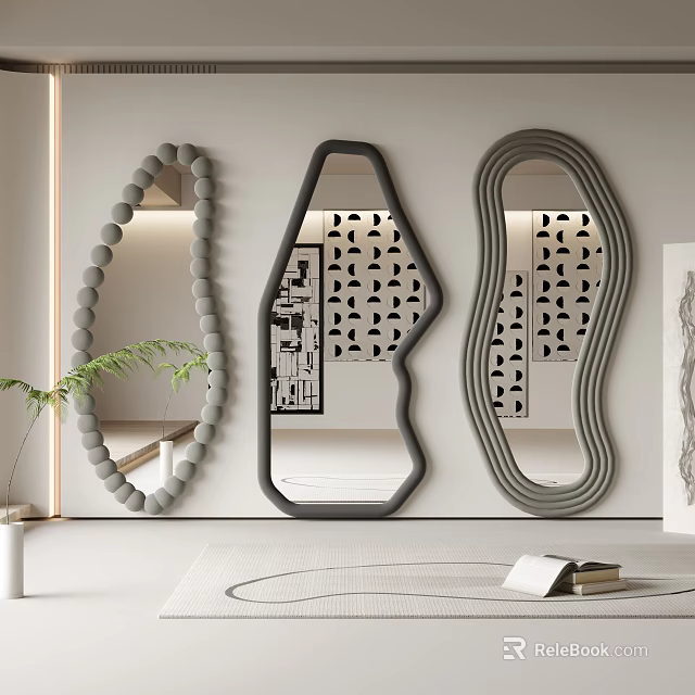 Modern Decorative Mirrors with Beaded Round and Cutout Irregular Shapes on White Wall 3d model 