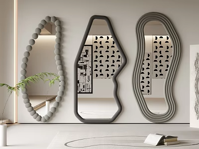 Modern Decorative Mirrors with Beaded Round and Cutout Irregular Shapes on White Wall 3d model