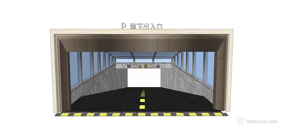 Underground Parking Entrance With Glass Walls And Safety Warning Stripes 3d model 