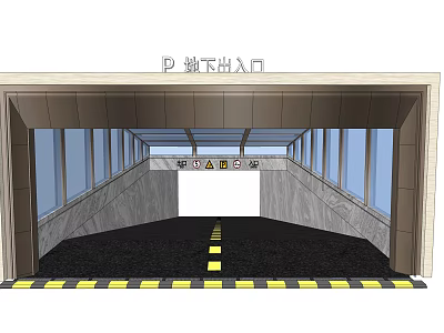 Underground Parking Entrance With Glass Walls And Safety Warning Stripes 3d model
