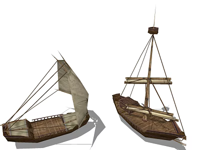 Two Traditional Wooden Boats With Sails Mast And Wooden Hull Structures 3d model