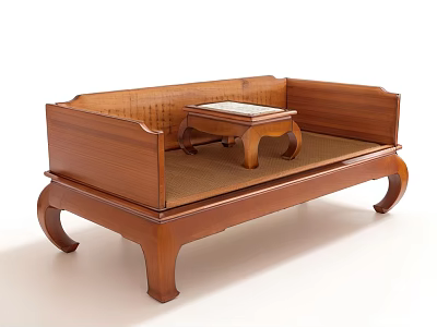 Traditional Wooden Two Seater Sofa With Rattan Seat Curved Legs And Small Coffee Table 3d model