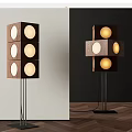 Modern Cube Floor Lamp with Wooden Structure Round Warm Light Shades and Black Metal Base