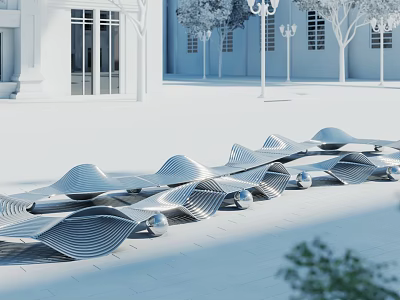 Outdoor Landscape Seat With Wave Shaped Design In Modern Architecture And Trees Area 3d model