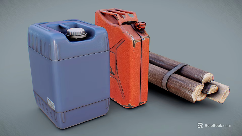 Durable Industrial Fuel Storage Cans Blue And Orange With Bundled Firewood Logs 3d model 