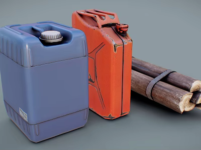 Durable Industrial Fuel Storage Cans Blue And Orange With Bundled Firewood Logs 3d model