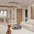 Modern Open Living Dining Room Interior With White Sofa Round Pendant Lights And Decorative Painting