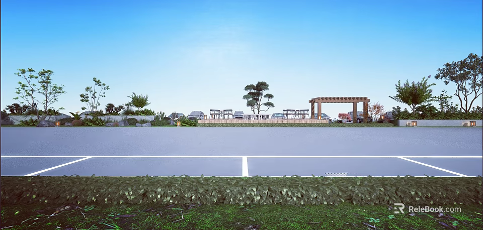 Garden Landscape Design With Green Lawn Trees Pathway And Clear Blue Sky 3d model 