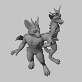 Cartoon Anthropomorphic Game Film Character with Gray Body Red Tail Green Ears and White Paws